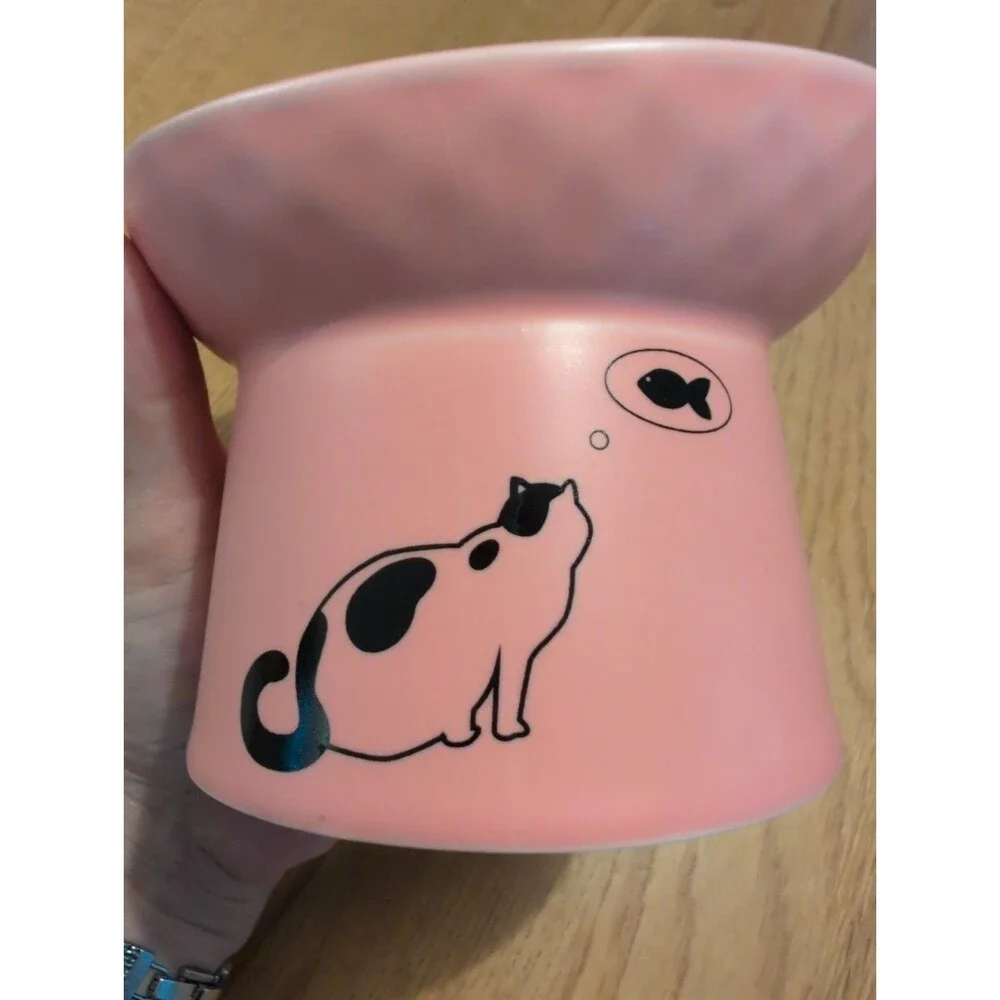 Cat Food Bowl Set Tilted Elevated White & Pink Ceramic Cute!! 5